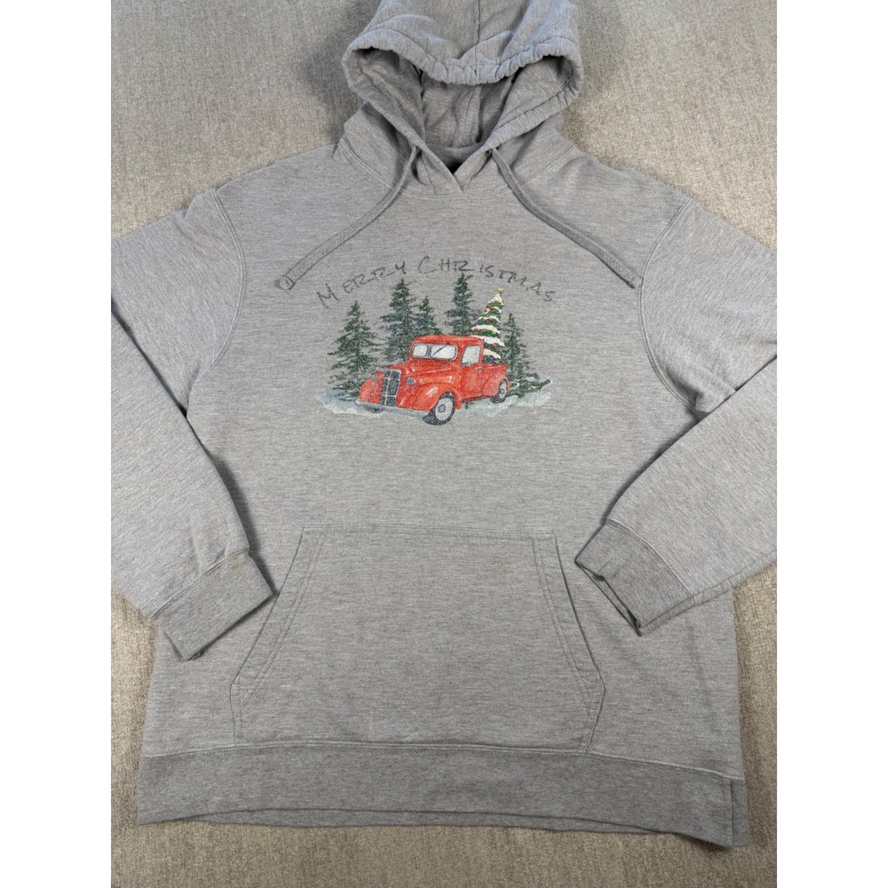 Port & Company Hoodie Unisex L Gray Merry Christmas Red Truck Graphic Pullover